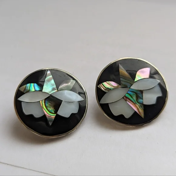 Abalone Earrings Alpaca Mexico Floral clip on vintage mother of pearl - Picture 1 of 8